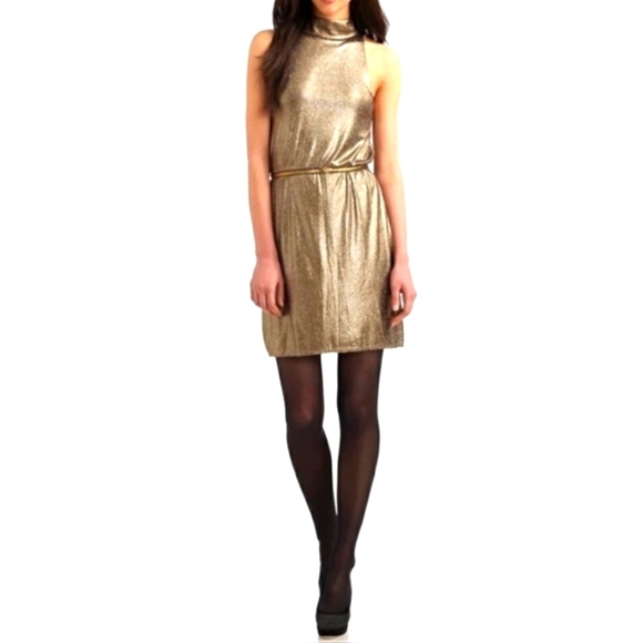 NEW Alice & Olivia Estelle Dress Gold Metallic Cocktail Luxury Lame Celeb Style - Picture 1 of 14